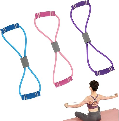 Saludea - Banda de resistencia de 3 piezas con asas para ejercicio de cuerpo completo, entrenamiento de fuerza en casa, gimnasio (rosa + morado +