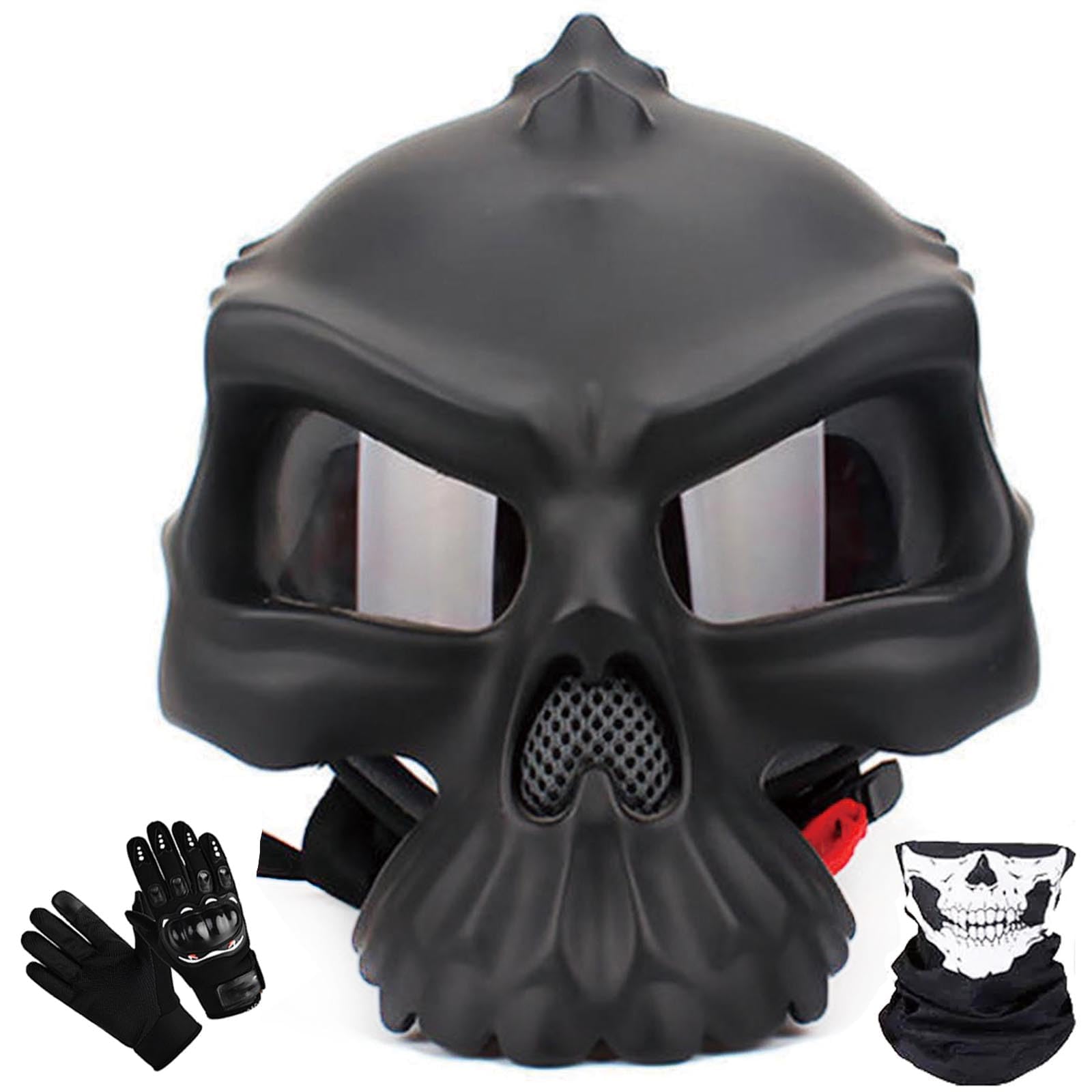 Casco Retro de Motocicleta con Forma de Calavera Gorra de béisbol Aprobado por ECE Ligero de Cara Abierta Casco de Moto Creativo con Gorra de Calavera Cascos con Guantes para Hombres y Mujeres