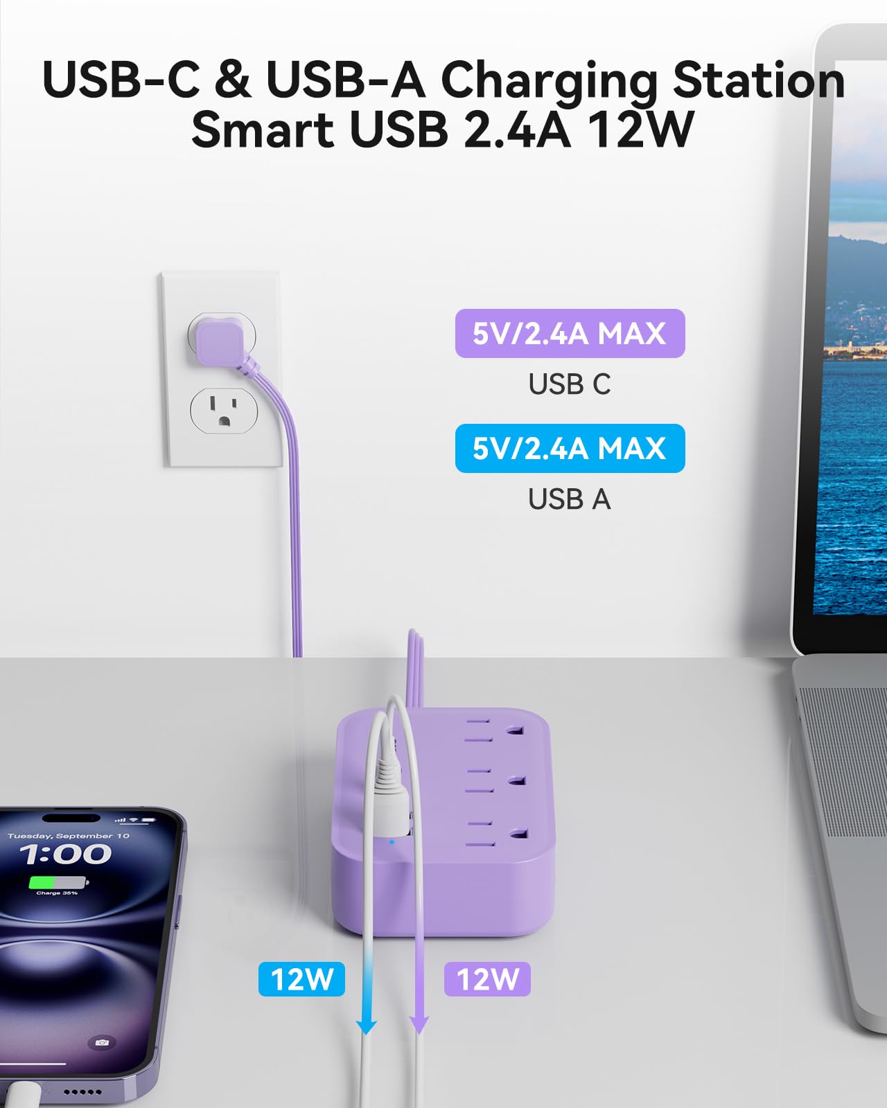 Cruise Essentials - Cavo di prolunga viola da 1,5 m, con 3 uscite AC e 3 USB, presa piatta da viaggio con stazione di ricarica USB, compatto per accessori per computer