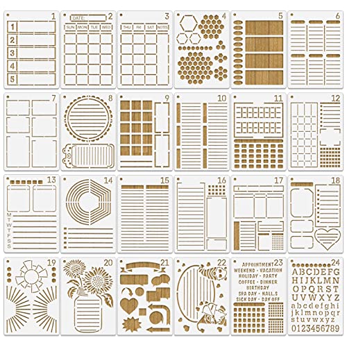 MWOOT 24 Stück Gemischt Tagebuch Schablonen Journal Stencils Set,Wiederverwendbares Bullet Schablonen Malerei Vorlage Zubehör,Dot Paint Skala Template für DIY Kartenbasteln Wand Dekor(17.8x12.7CM)