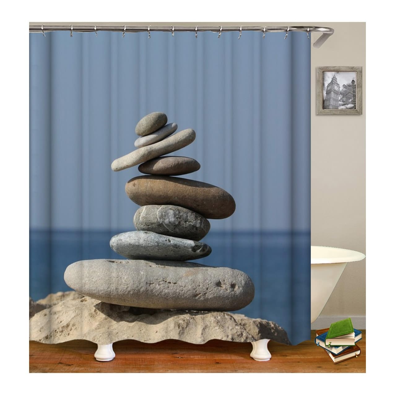 Rideau de douche bleu 120x180 cm en polyester imperméable et lavable avec anneaux pour baignoire