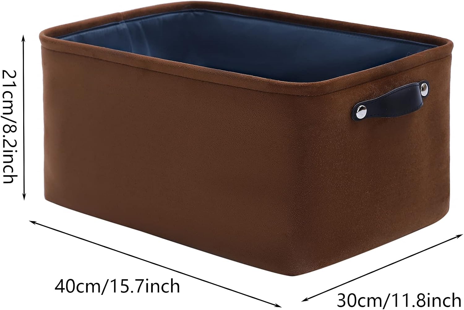 FENQDOOU Large Velvet Storage Bins, Open Storage Baskets with Leather Handles, Collapsible 3 Pack Storage Box Suitable for Home,Office,Nursery,Shelf,Closet 15.7x11.8x8.2inches(Brown)