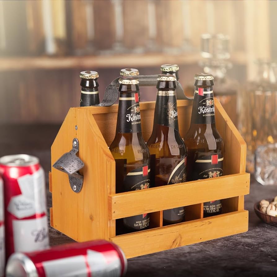 Amazon.com: BARGIFTS Wooden 6-Bottle Caddy with Bottle Opener, build in a Removable Middle Divider Metal Bottle Opener… (Brown): Home & Kitchen