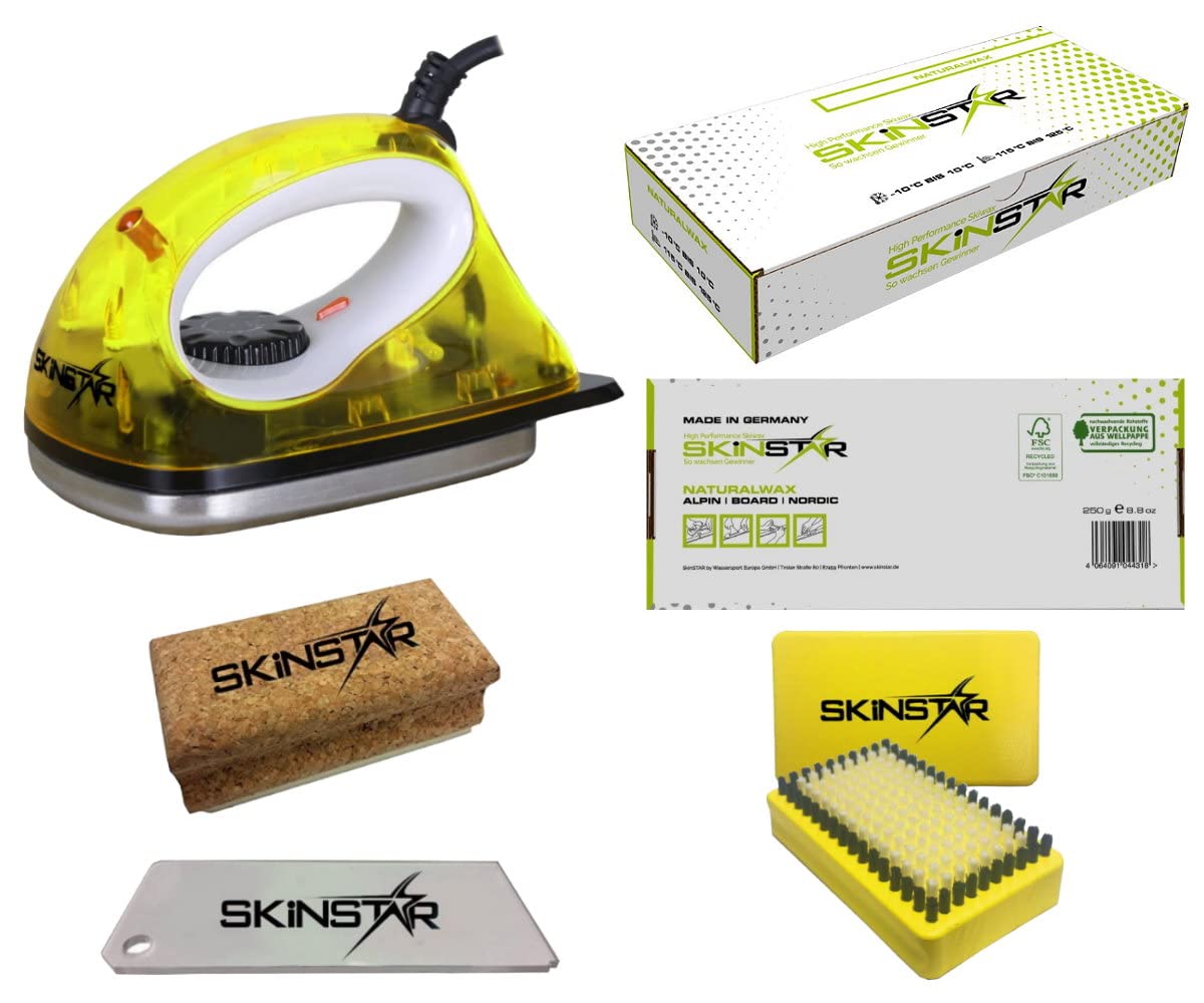 SkinStar Set de cera para esquís de principiantes, plancha de cera, cepillo natural, 5 piezas