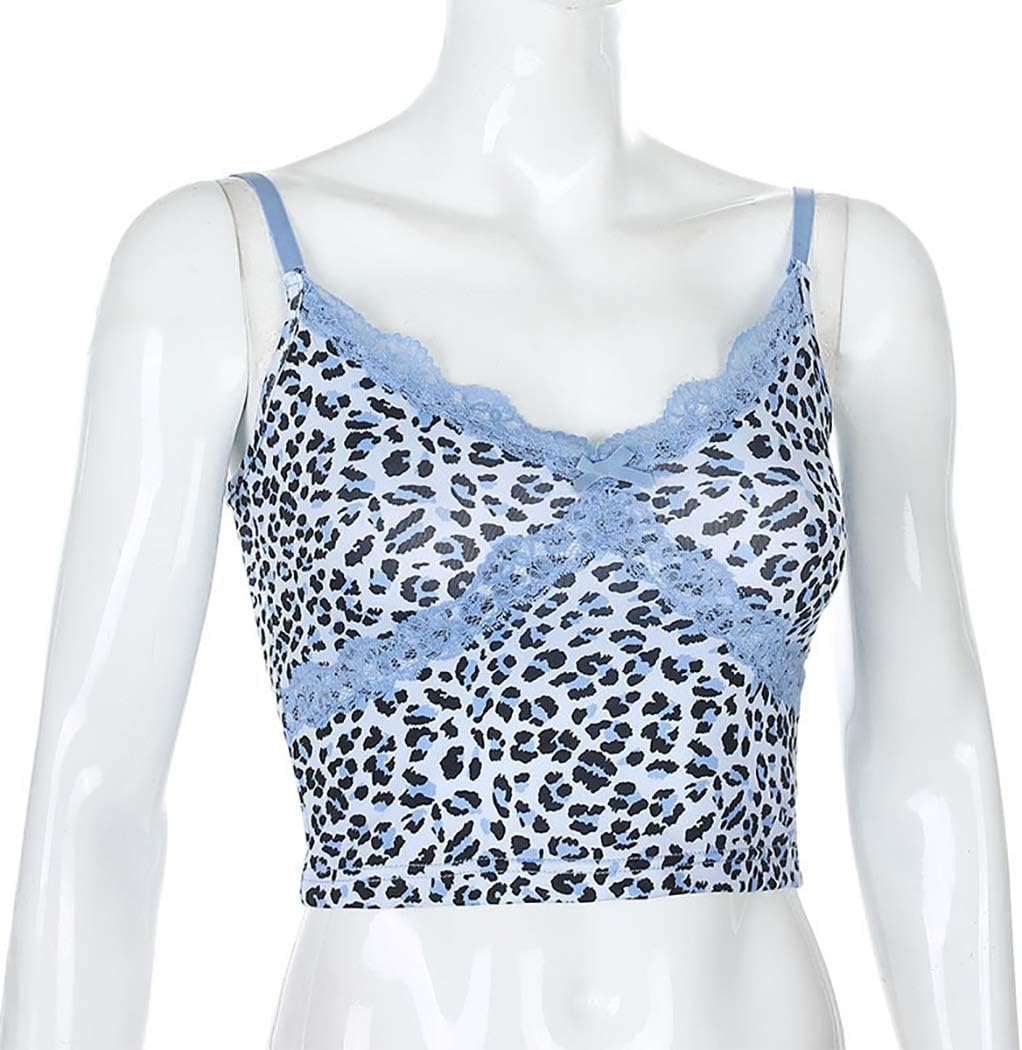 Meladyan Women’s Leopard Print Lace Patchwork Camisole Sexy Spaghetti Strap Slim Fit Crop Cami Top