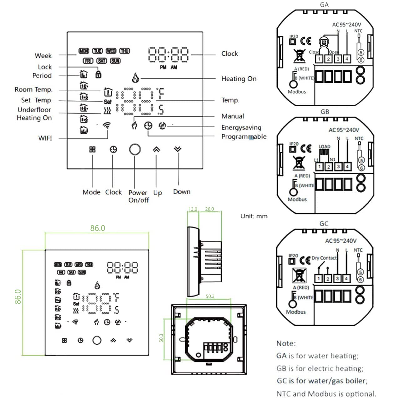 Serise 003 WIFI Termostato Compatibile con Riscaldamento caldaia Controllo della programmazione cellulare Lavora con Alexa, Google Home (Riscaldamento caldaia, Nero (WIFI))