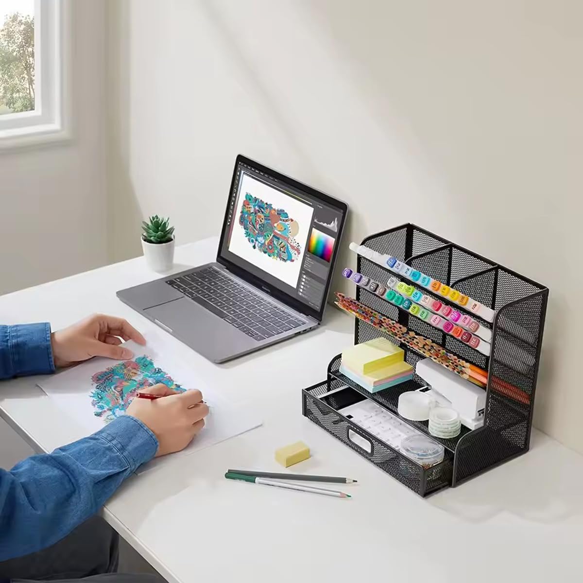 Organizer da Scrivania in Rete Scatola Portapenne Multifunzionale per Cancelleria da Tavolo per Scaffale Portaoggetti per Forniture Scolastiche da Casa
