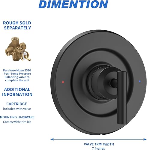 Miniatura 4 de Replacement for Moen T2901BL Gibson Posi-Temp Valve Trim Kit, Matte Black Shower Trim Kit Shower Lever Handle, Compatible with Moen 2510 Valve