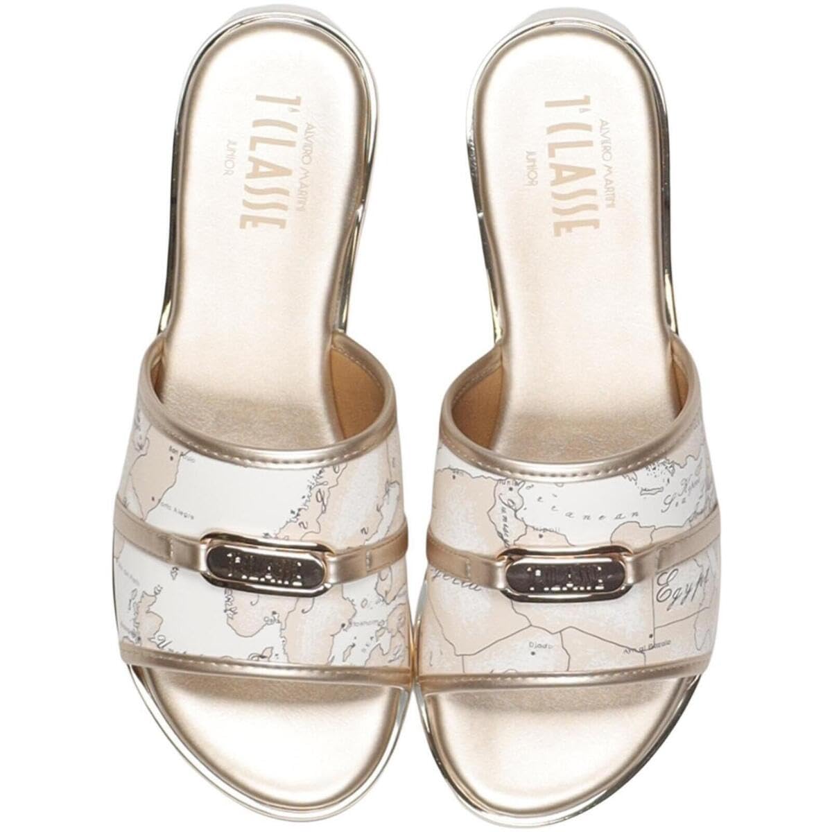 1ª Classe Sandalo Piatto da Donna, Bianco e Oro, Stampa Mappa del Mondo, Slip On, Pelle Sintetica (38)
