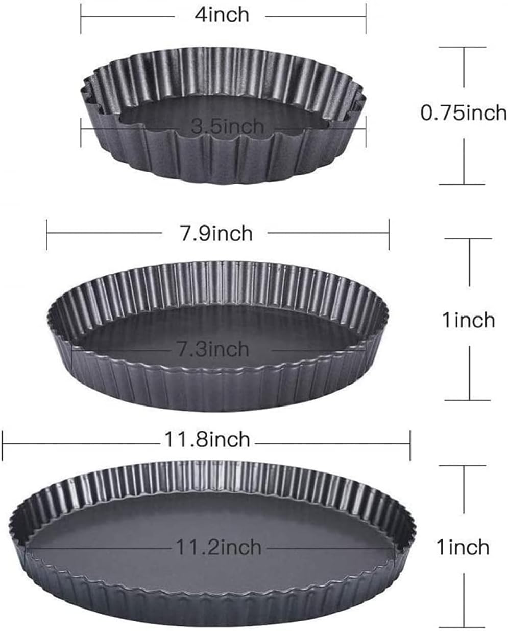3 Piece Nonstick Tart Mold Quiche Mold with Detachable Bottom， Carbon Steel Studio Pastry Molds，