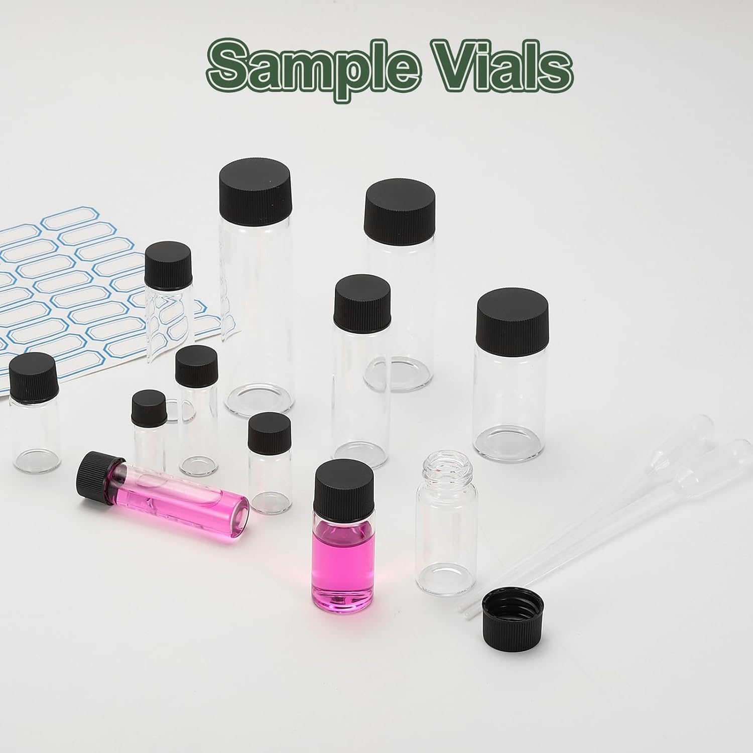YOKIVE 12Pcs Glass Sample Vials, 5ml Clear Liquid Sample Vials Leak-Proof Storage Glass Bottles with Screw Caps Labels Droppers, Great for Lab, Essential Oil, Reagent (Clear)
