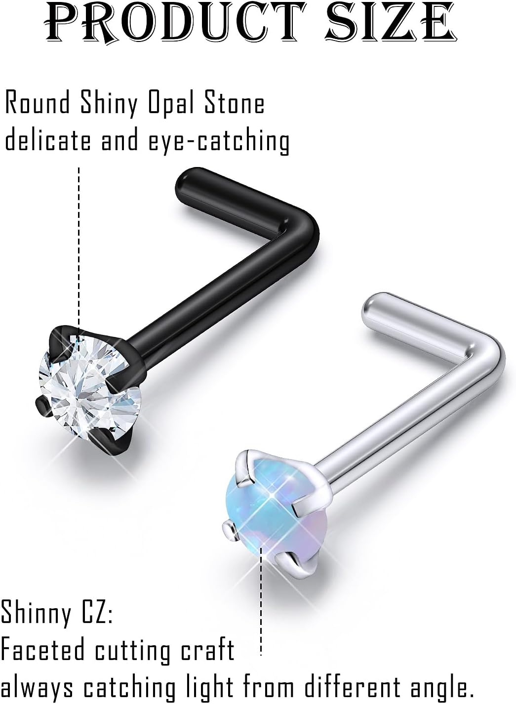 Surgical Steel Nose Ring 20G - Hypoallergenic Nose Studs With Cute Flat Opal Flower Diamond Heart - Straight L Shaped Purple, Pink, Black, Silver for Women Men Gift