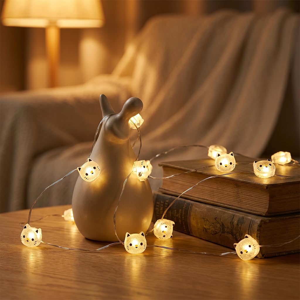YLTLINK Cat Fairy Lights Indoor,Cute Fairy Light with Battery Box,20 LED,2M,Warm White,Small Cat Shape,String Lights for Bedroom Kids Room Christmas Wedding Party Decoration