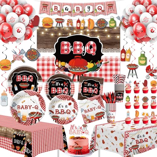 FVABO Baby Q Baby Shower Decorations Red Gingham BBQ Baby Shower Party Supplies Paper Plate Cup Napkin Tablecloth Backdrop Swirls Garland Banner Balloon Topper Cutlery Straw Serve 24