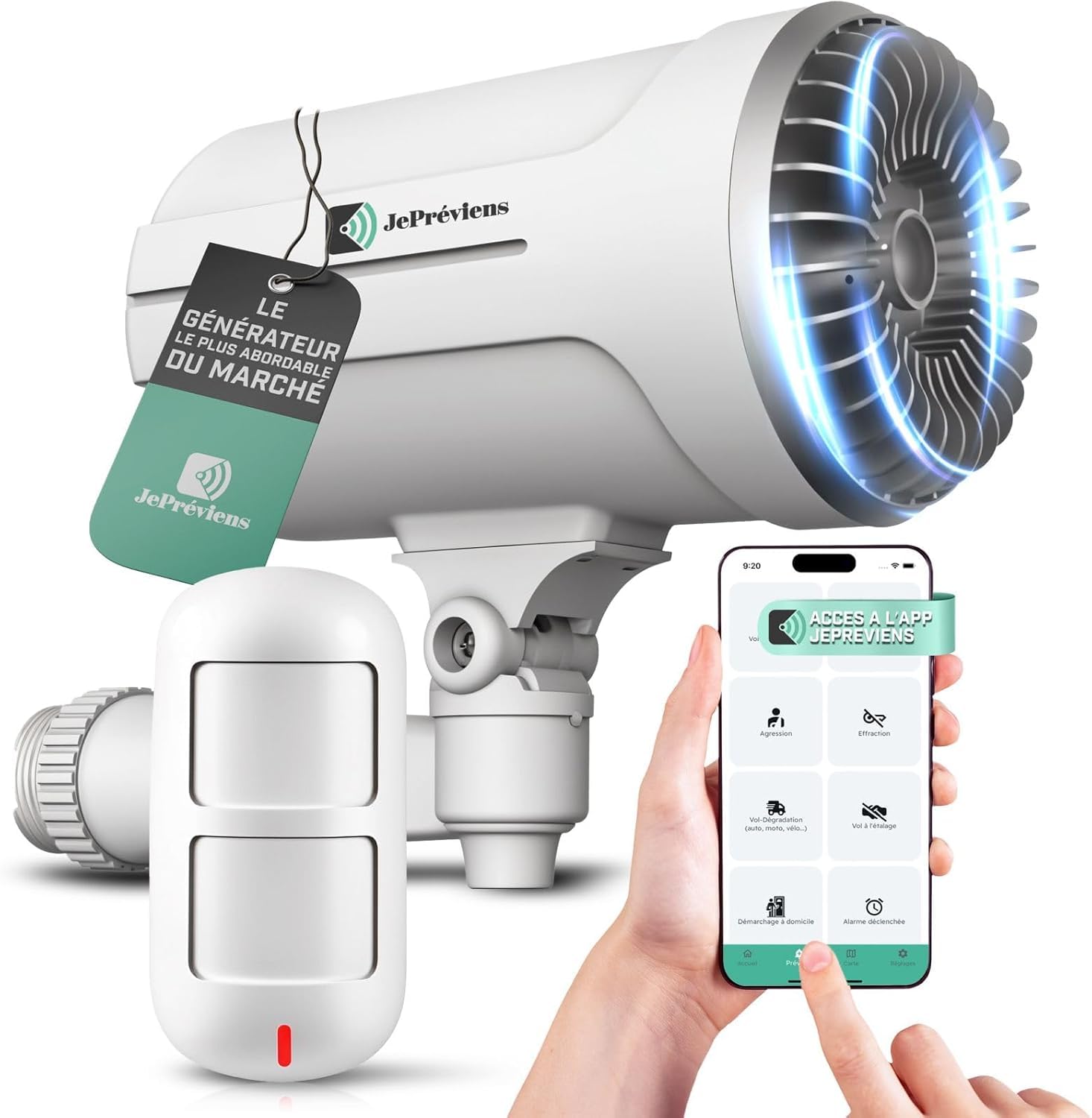 Brouillard Anti-Cambriolage JePréviens avec Détecteur de Mouvement, Système Anti-Intrusion sans abonnement, Compatible SmartLife/Tuya, Couvre jusqu'à 100 m³
