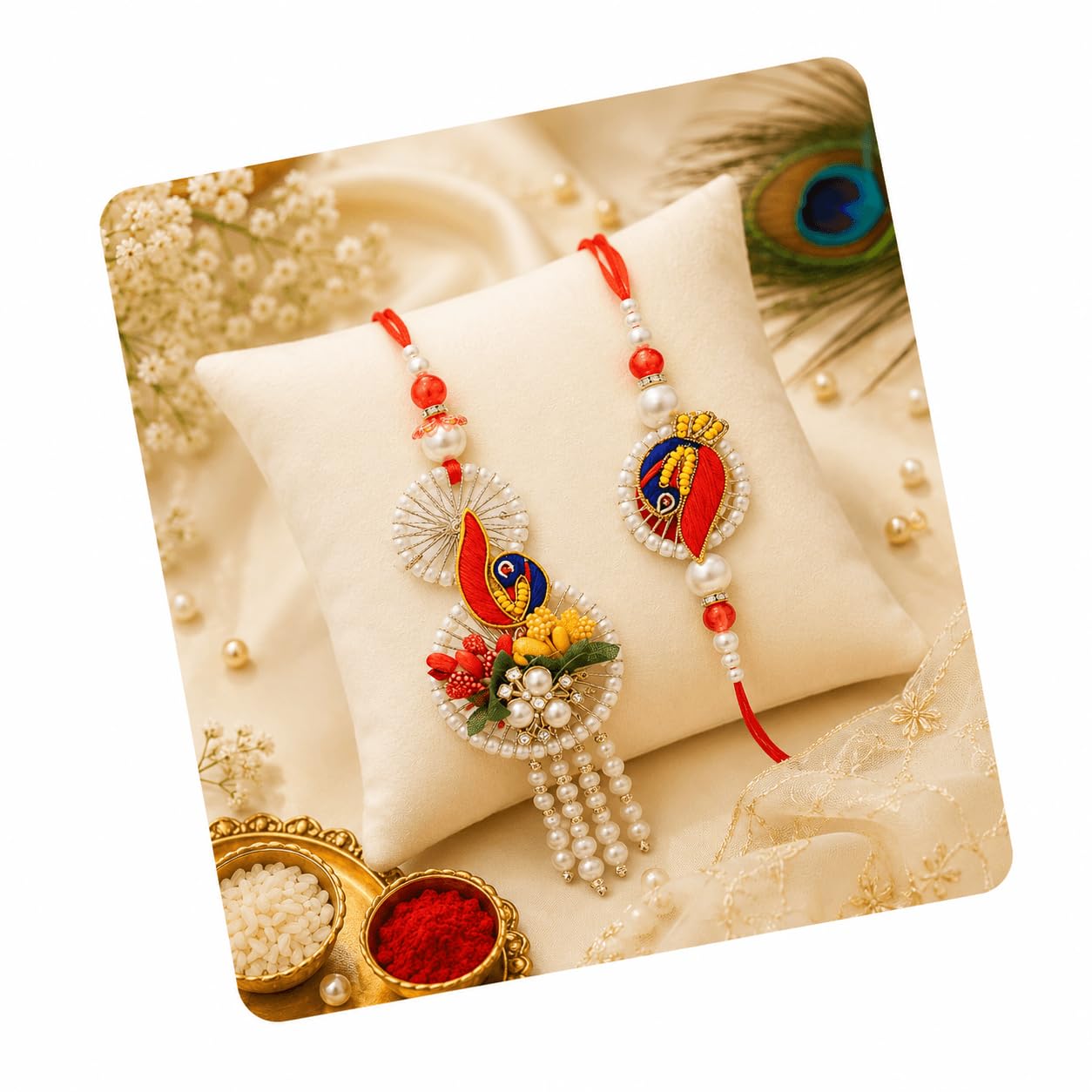 tied ribbons Rakhi for Bhaiya and Bhabhi - Designer Couple Bracelet Combo Set of 2 with Tikka - Hanging Lumba Rakhi for Brother Bhabhi - for Rakshabandhan-picture-40