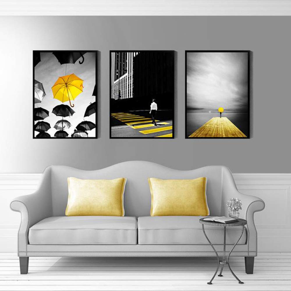 mmwin Decorative painting black and white yellow landscape umbrella road decoration painting Nordic simple t 40X60cm*3