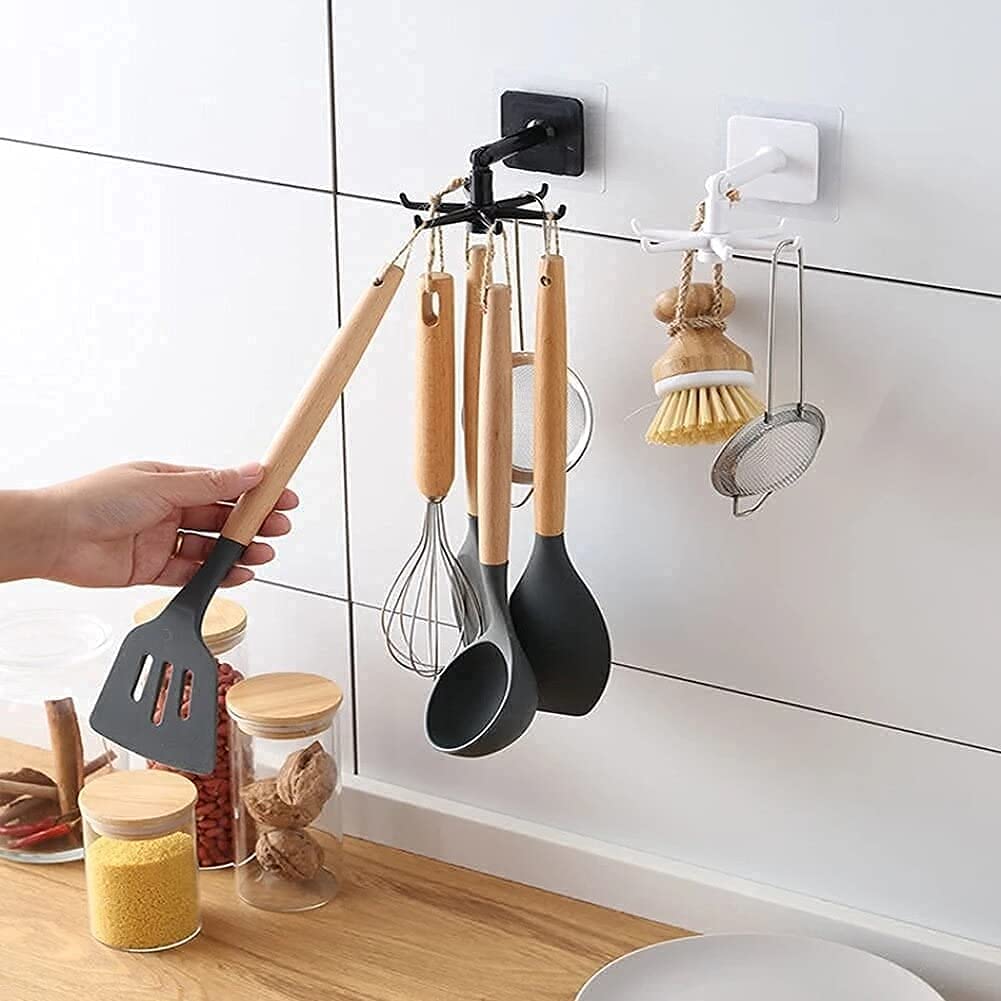 NOBILEA Folding Hook Self-Adhesive 180 Degrees Vertical and 360-Degree Rotating 5 Claw Hooks for Bathroom, Kitchen, Office etc.. (Black & White)(Pack of 4) 2