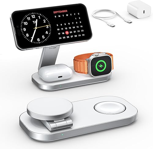 Estación de carga inalámbrica 3 en 1 para dispositivos Apple, soporte magnético plegable de carga rápida compatible con MagSafe para iPhone
