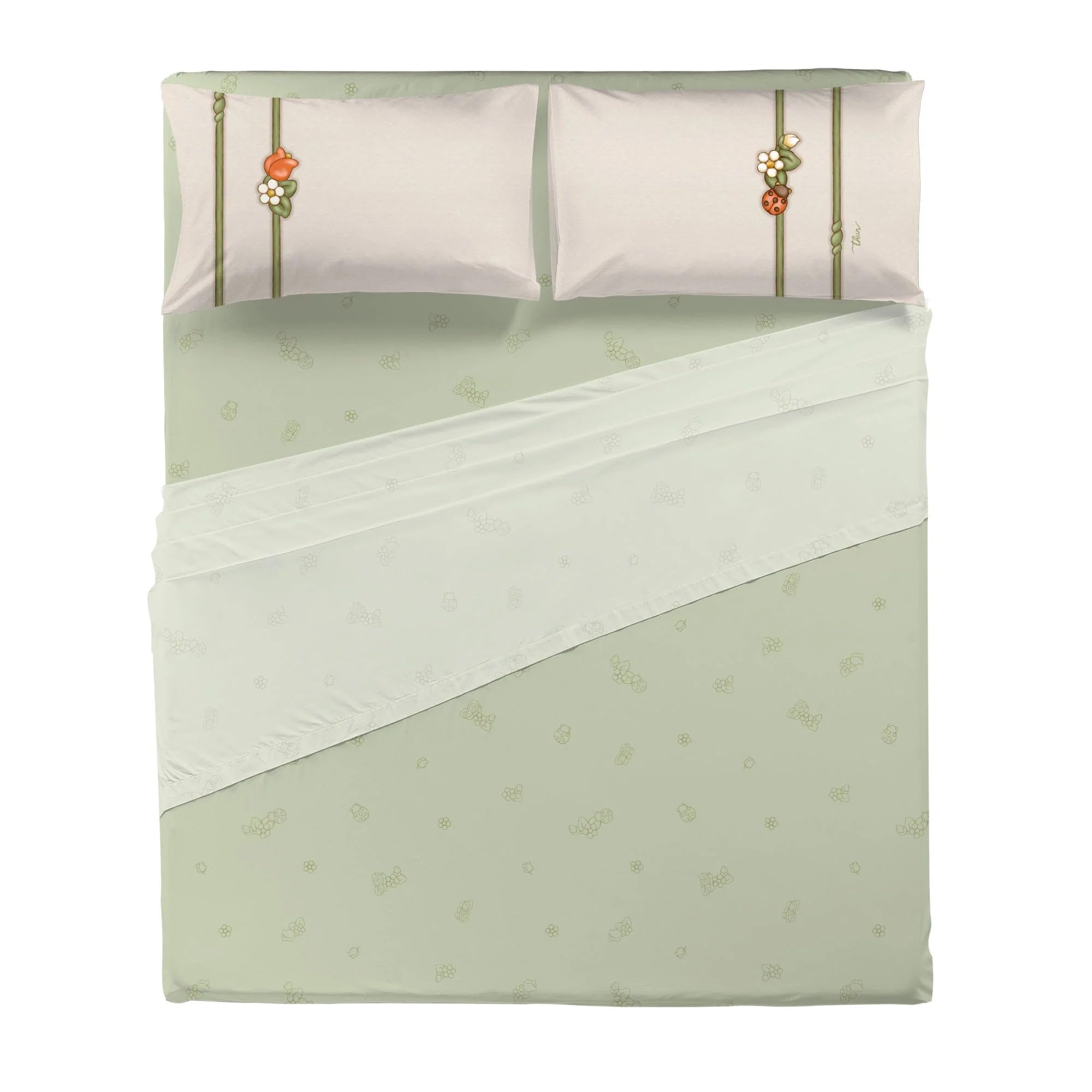 THUN Completo Letto Matrimoniale in Cotone Country Bloom Beige Verde