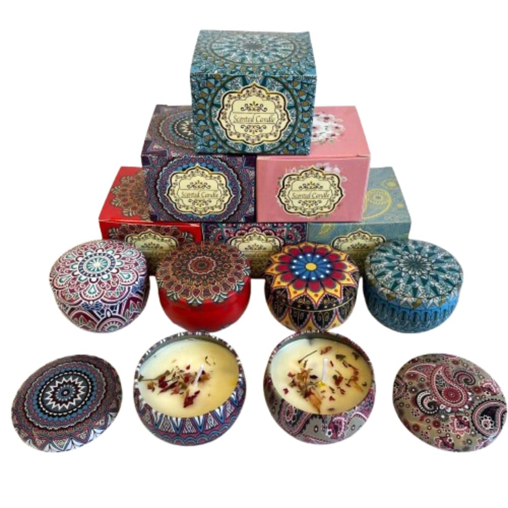 Aromatherapy Scented Candles 75g Each Set of 6 – 100% Natural Soy Wax in Mandala Printed Tin Jar | Diwali Gifting - Lavender, Rose, Jasmine, Blue Wind Chime, English pear & Freesia, and Gardenia-image-2