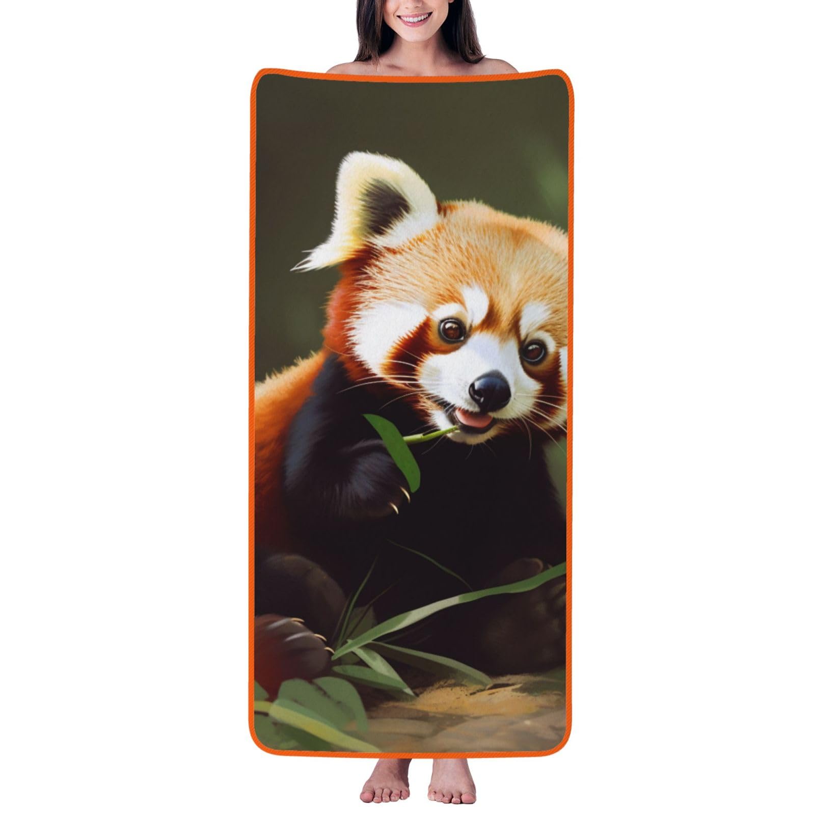 WPKJU Little Red Panda Printed Bath Towel with Orange Edging - 27x55 in Soft Extra Absorbent Coral Velvet Shower Towels for Bathroom