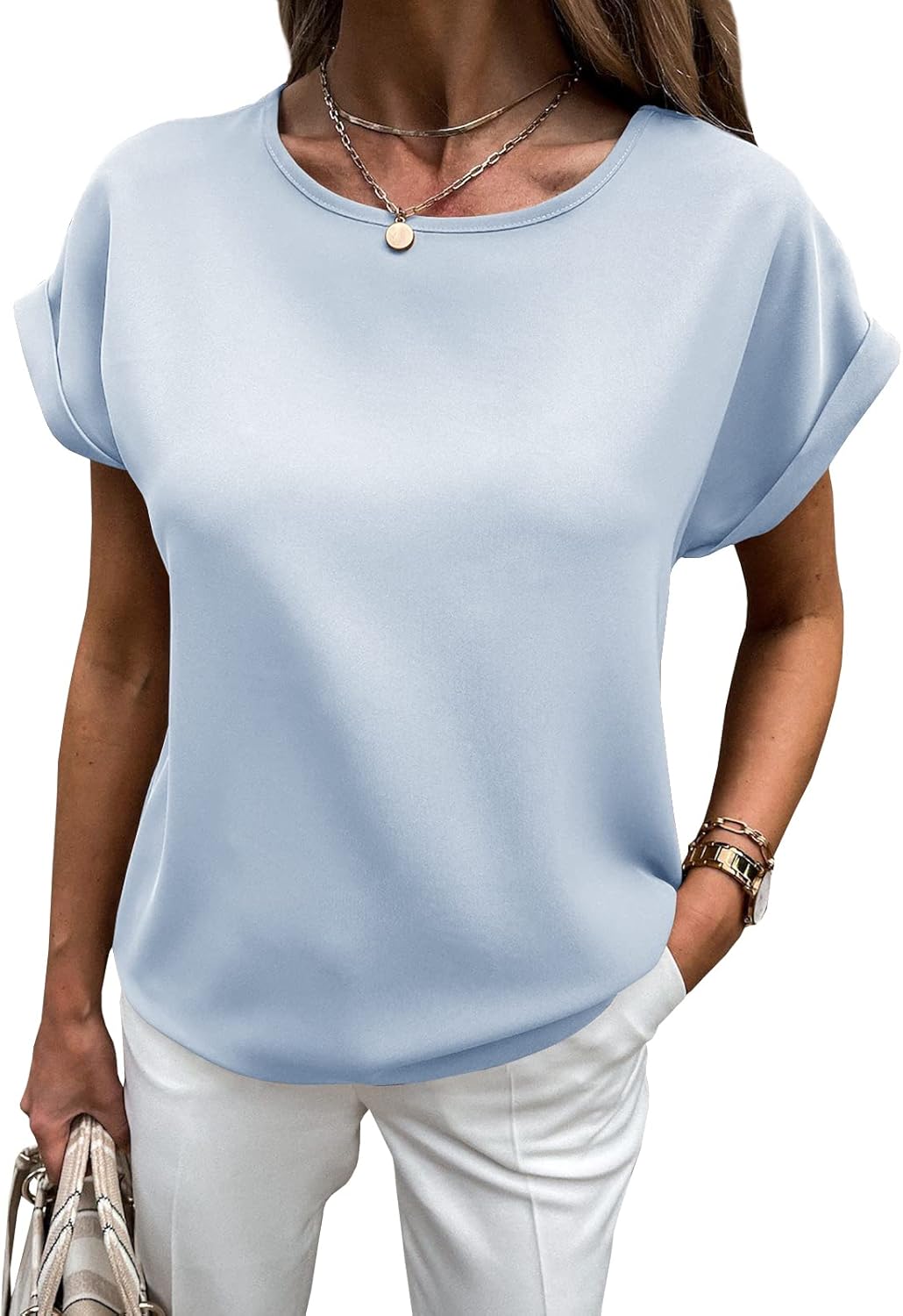 Lynwitkui Womens Summer Short Sleeve Chiffon Blouses Keyhole Back Busines Casual Work ShirtsTops Tops 2025