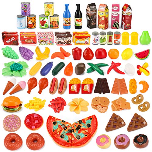 UNEEDE 139pcs Play Food Set Kids Play Kitchen Food Toy Pretend Toddler Kid Play Food Large Fake Plastic Food Toy Set Toy Kitchen Food Outdoor Plat Fast Food Item Accessories Safe for Kid, Toddler