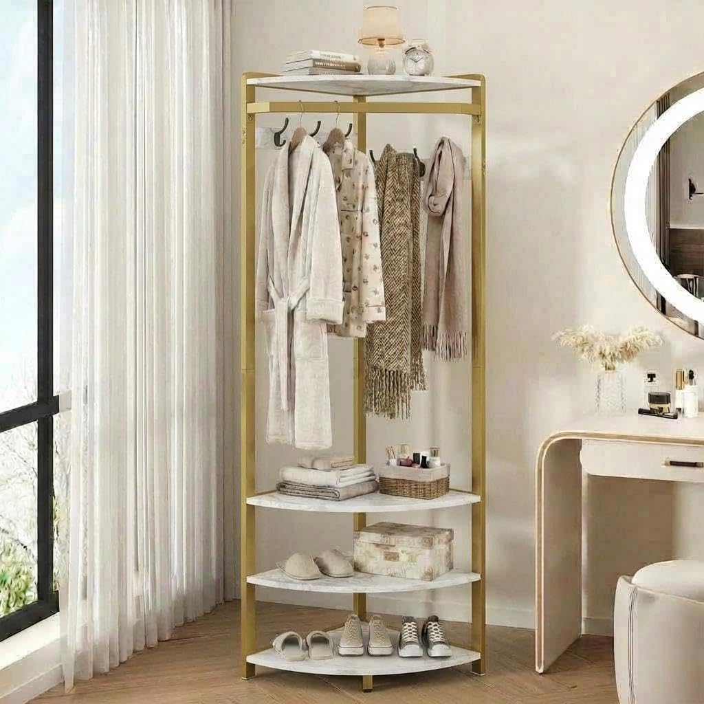 Armadio ad angolo con 4 ripiani e 6 appendiabiti in metallo e legno, per camera da letto, soggiorno, corridoio, design Ele d & White