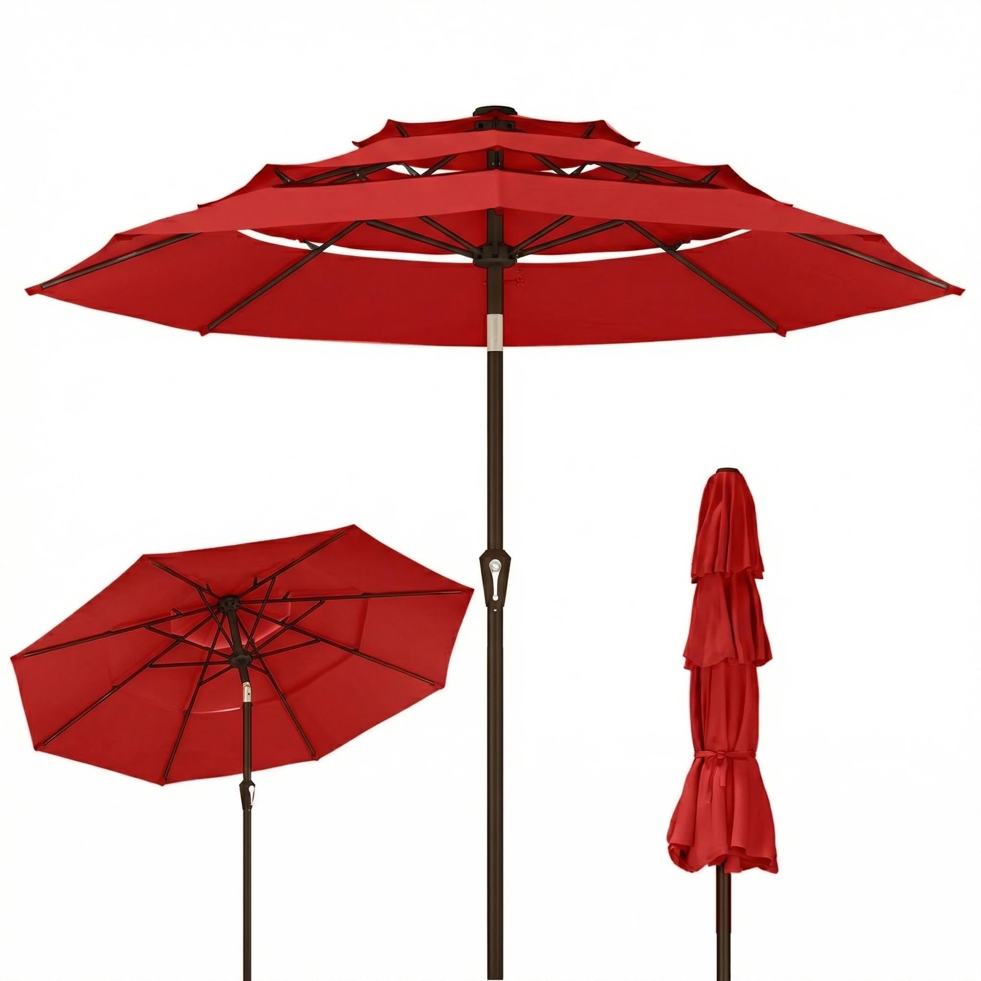 Photo 1 of ***MISSING POLE***Kingdura 9ft 3-Tier Patio Umbrella, Outdoor Table Umbrella with Easy Crank & Tilt, 8 Reinforced Ribs, UV Protection for Deck, Pool, Market, Backyard (Red)