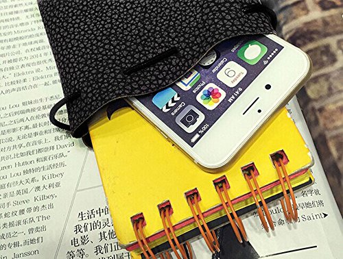 Yueton Litchi Stria Drawstring Soft PU Leather Fashion Shoulder Bag Neck Bag Cellphone Case Cover Pouch, Coin Wallet Hand Purse, Carry Gadget Bag (Black)3