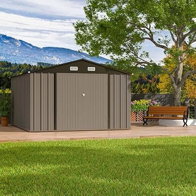 Patiolife 10x12 FT Metal Outdoor Storage Shed, All-Weather Garden Tool Shed with Lockable Door & Sloping Roof, for Backyard and Garden Patio, Brown