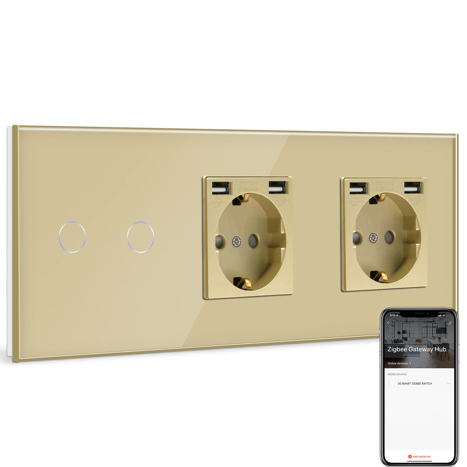 BSEED BSEED Normal enchufe Doble USB con Smart ZigBee Interruptor de Luz 2 Gang,Compatible con Alexa y Google Home,Schuko Enchufe con 2 Puertos USB(Max 2.1A) Oro(Zigbee Gateway Hub Requerido)