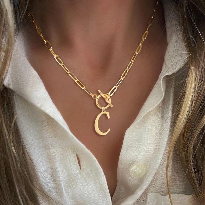 Gold Initial Necklaces For Women- Vintage 18K Gold Plated Toggle Letter Necklace Paper Clip Chain Choker Necklace For Women Jewelry Gifts2