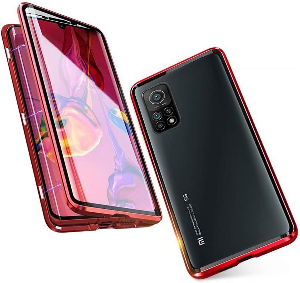 Carcasa para Xiaomi Mi 10T / Mi 10T Pro, Magnética Funda [Marco de Metal] [9H Vidrio Templado de Doble Cara] Cubierta 360 Protección Aluminio Parachoques Magnet Case Absorción de Golpes Funda, Rojo