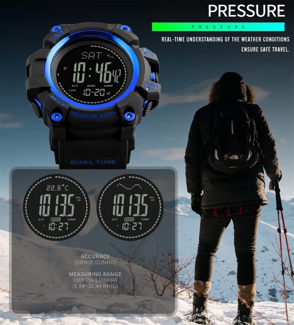 Homme Outdoor Militaires Sport Digital LED Plastique Montres Bracelet et Caoutchouc Ruban Multifonctionnel Boussole Podomètre Altimètre Baromètre Thermomètre