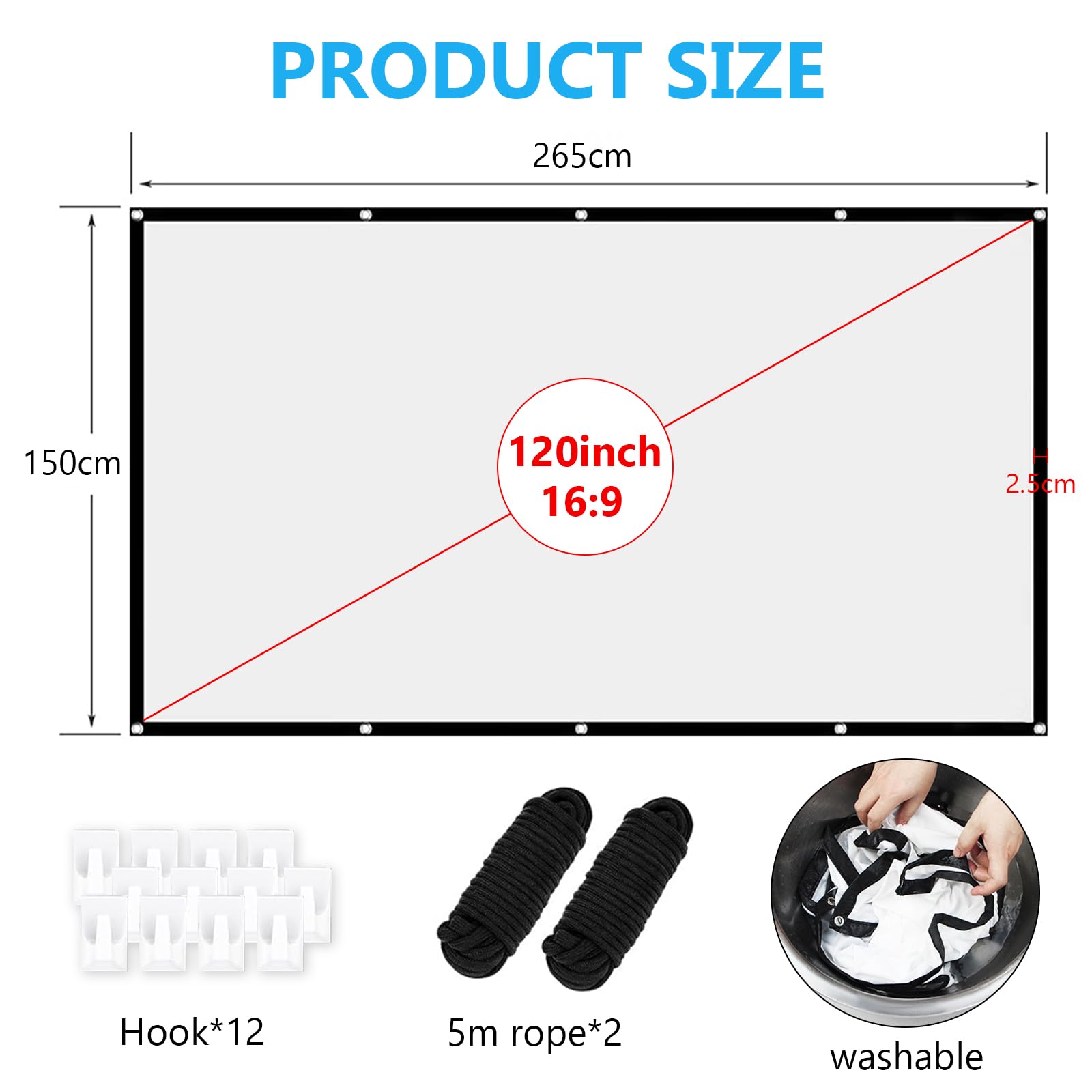Écran de projection 120" 16:9 HD pour extérieur, toile de projection portable pliable avec crochet et corde pour la maison, l'école, les réunions, le camping, le home cinéma