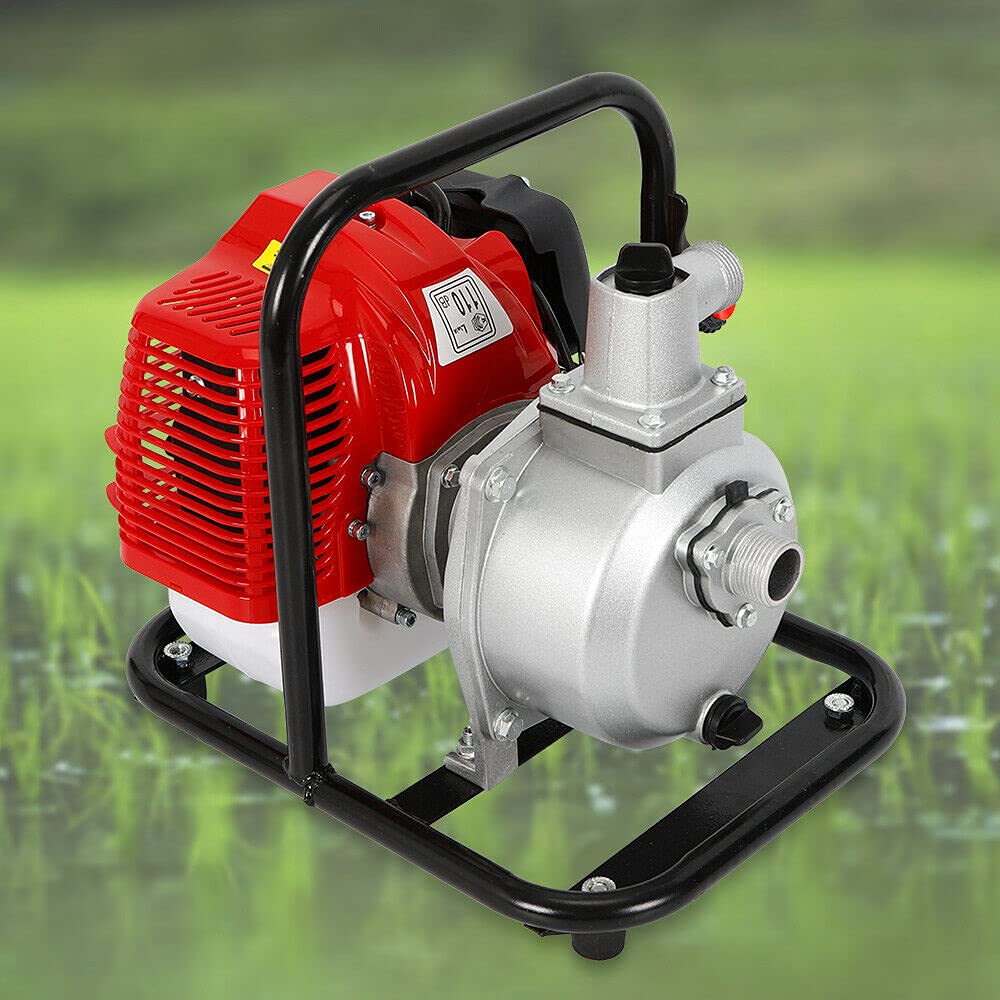 Bomba de agua de gasolina de 1,7 CV, bomba de jardín con caudal de 8000 / H y altura de extracción de 30 m, conexión de 1", motor de 2 tiempos, bomba de gasolina de 43 cc, bomba de estanque para