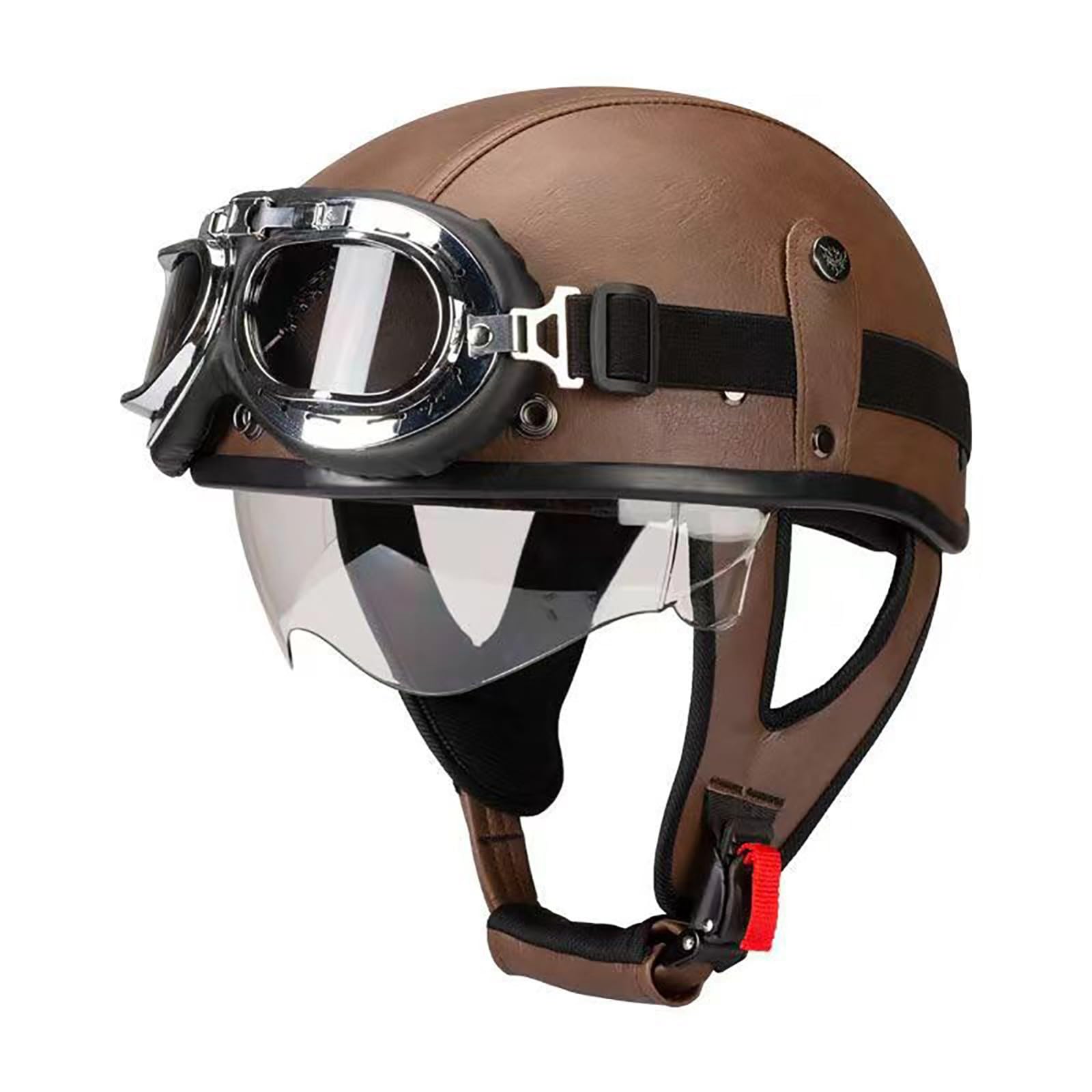 Vintage leren motorhelm, retro scooterhelm met bril, ECE Vintage leren motorhelm, retro scooterhelm met bril, ECE