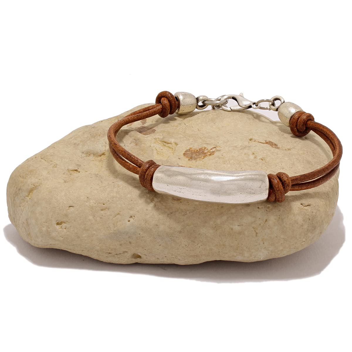 Pulsera de cuero para mujer hecho por Intendenciajewels – Hecho a mano - Pulsera bohemia - Joyas para mujer - Pulsera de cuero y plata - Pulsera ajustable de 16-19,5 cm.