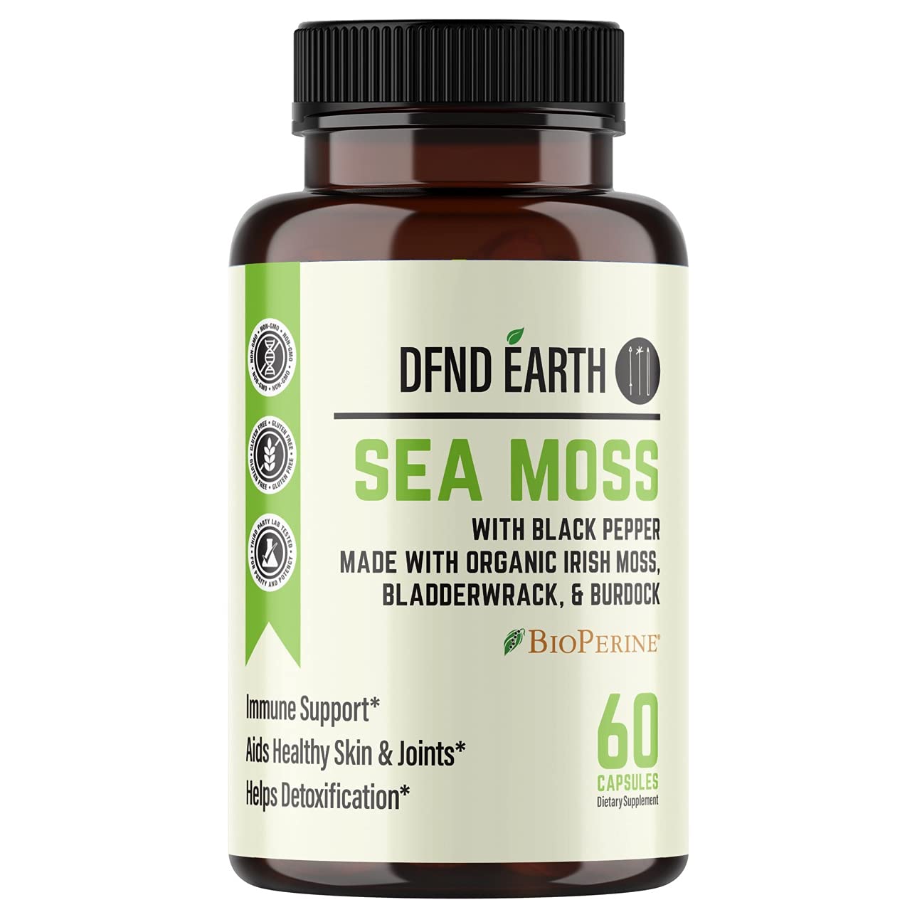 Organic Sea Moss Capsules with Bladderwrack & Burdock Root - Black Pepper Extract & BioPerine, Non-GMO, Vegan, & Gluten Free Irish Moss Complex, Skin, Nails, Hair & Thyroid Support - 60 Veggie Caps
