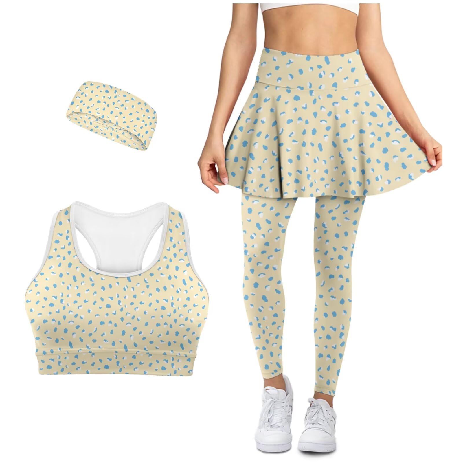 Workout Sets for Women 3 Piece Womens Athletic Skirt with Leggings Plus Size Sports Bra with Pockets Gym