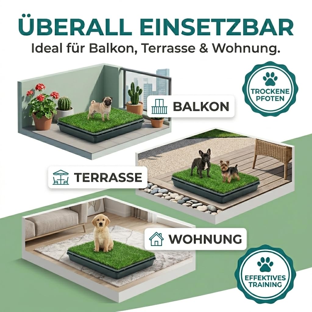 Toilette pour chien avec gazon artificiel et bac collecteur 50 x 40 cm – 3 couches pour intérieur et extérieur – Tapis d'herbe réutilisable pour dressage aux toilettes, balcon et appartement – Facile