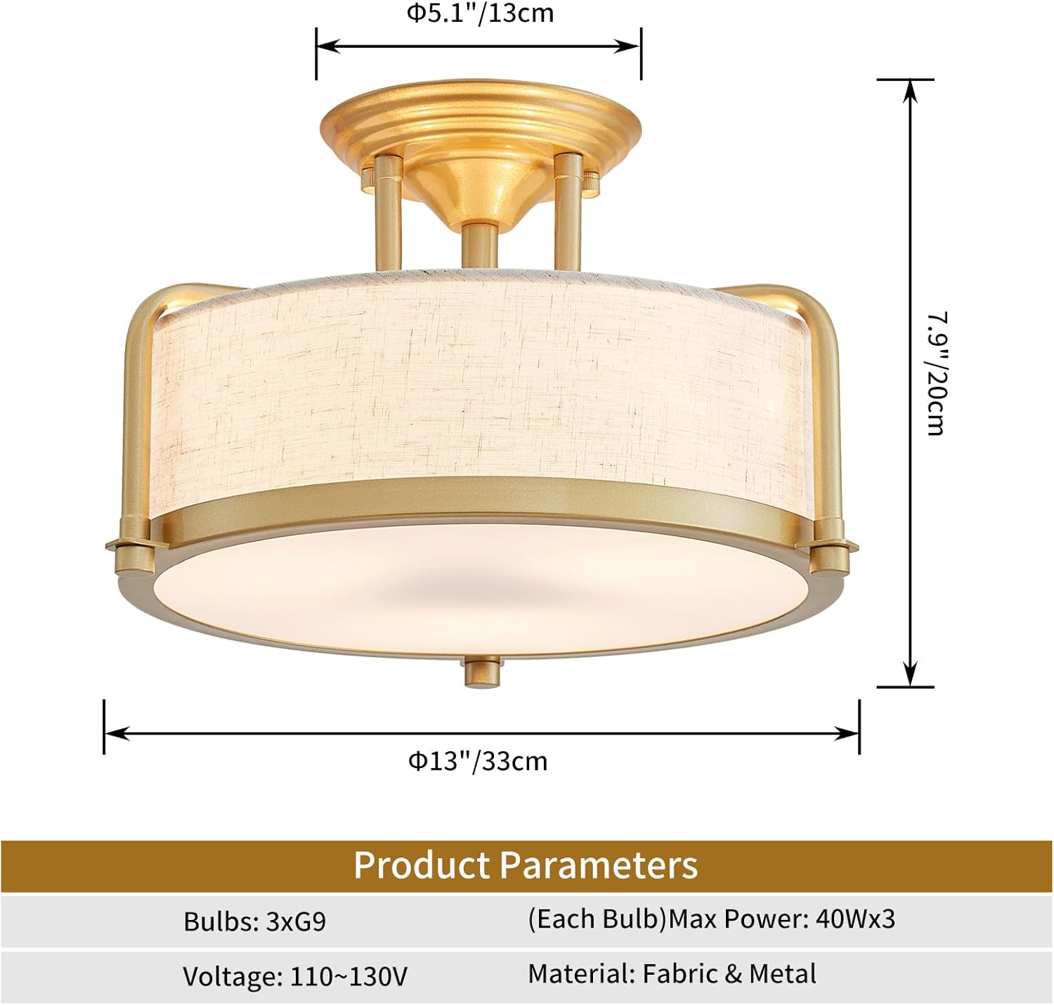 Modern Drum Ceiling Light, Semi-Flushmount Close to Ceiling Light Fixture for Living Room, Bedroom, Dining Room,Kitchen, D13 x 8 in, Linen Fabric Shade & Gold Finish Metal Frame