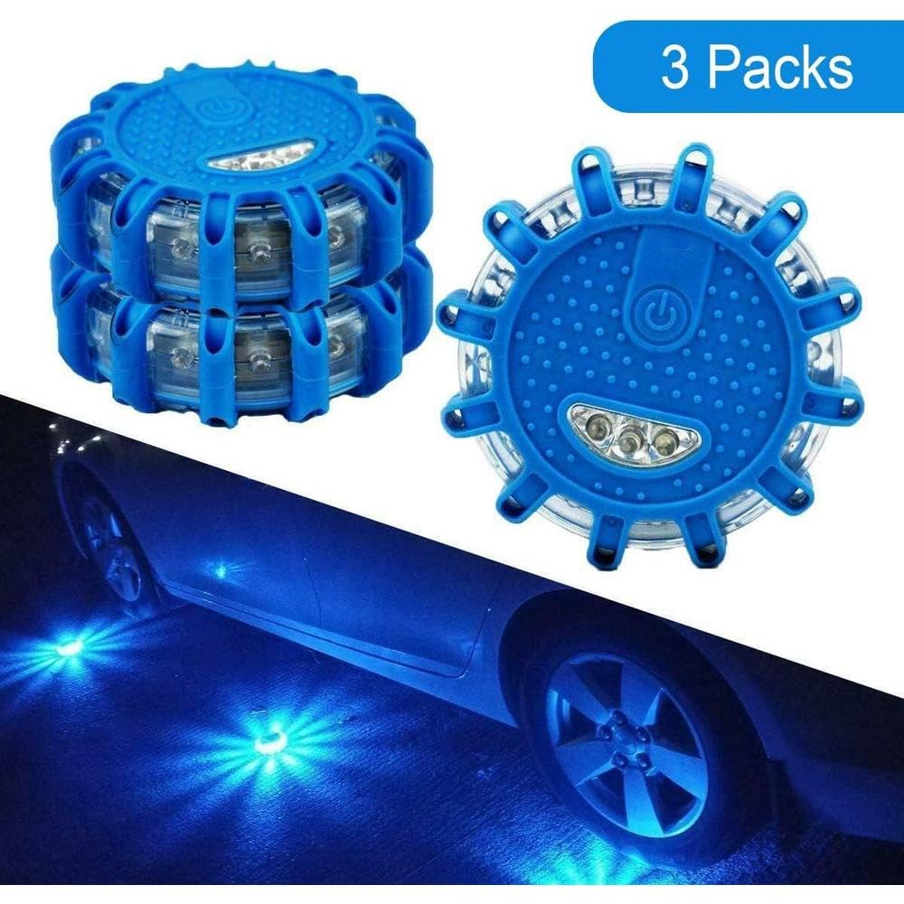 Riloer Balise clignotante LED (lot de 3) - Feu stroboscopique d'avertissement d'urgence étanche - Compatible avec de nombreux véhicules (voitures et bateaux) - Bleu