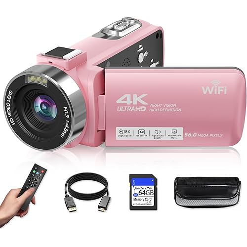 Video Camera, 4K Camcorder 56MP Digital Video Recorder 18X Zoom 3" 270° Rotation Touchscreen IR Night Vision, Wifi Vlogging Camera for YouTube 64GB Card Anti-Shake Remote Control Camera Bag Lens Cap