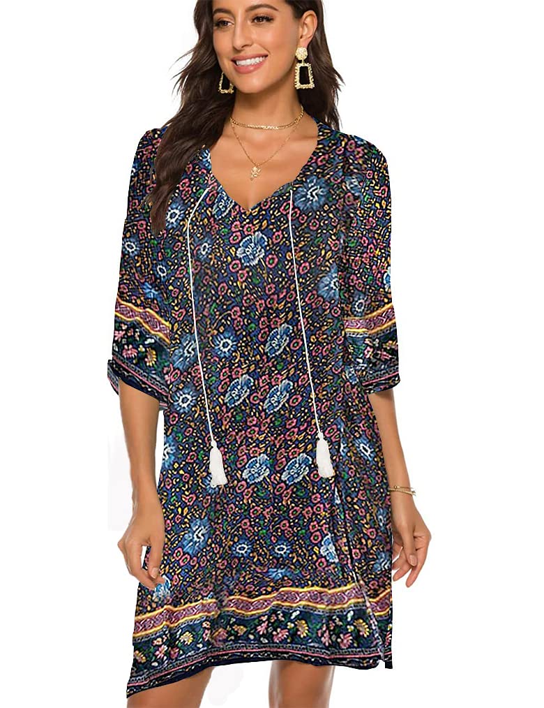 Abito Estivo OMZIN Donna – Boho, Floreale, Manica Corta, Vestibilità Morbida, Taglia Midi