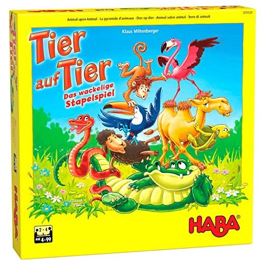 HABA 305520 – Djur på djur – det skakiga stapelspelet, skicklighetsspelet för 2-4 spelare från 4 år, det populära HABA-spelet med nya djurfigurer