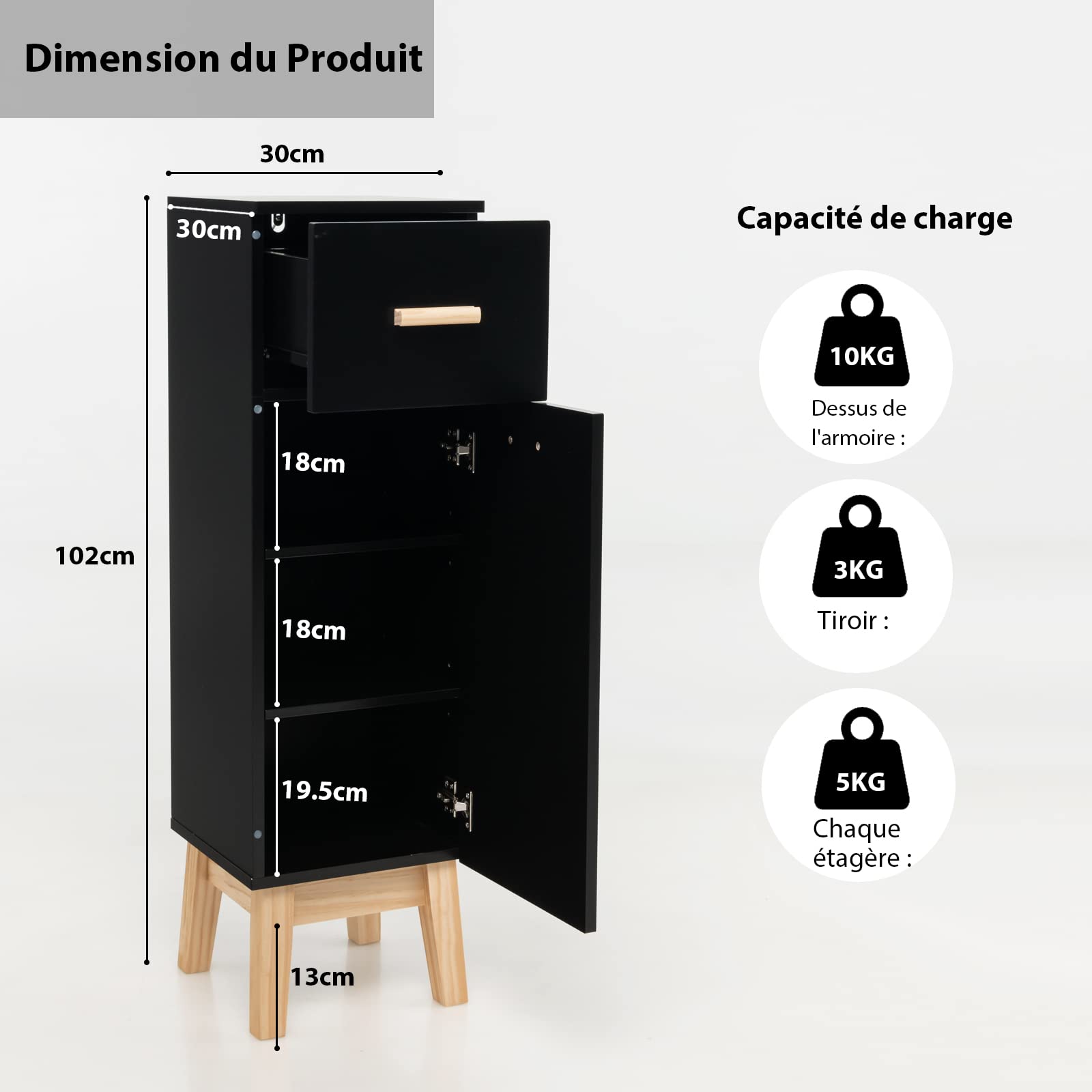 COSTWAY Meuble Autoportant de Salle de Bain avec 1 Tiroir et 1 Porte,Armoire de Rangement sur Pieds avec Etagères Réglables,Placard en Bois Moderne pour Salon Cuisine,30 x 30 x 102cm,Noir