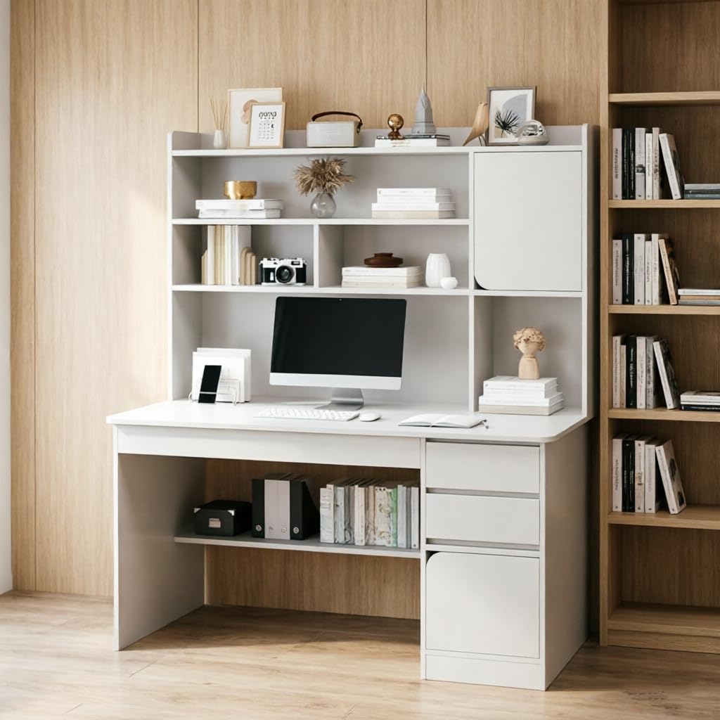 ZHFASDS Computer Desk with Storage Bookshelf，Wooden Writing Workstation with Hutch Large Home Office Writing Desk with Storage Shelf Dressing Table Wooden Furniture(Size:120x45x165cm,Color:White)